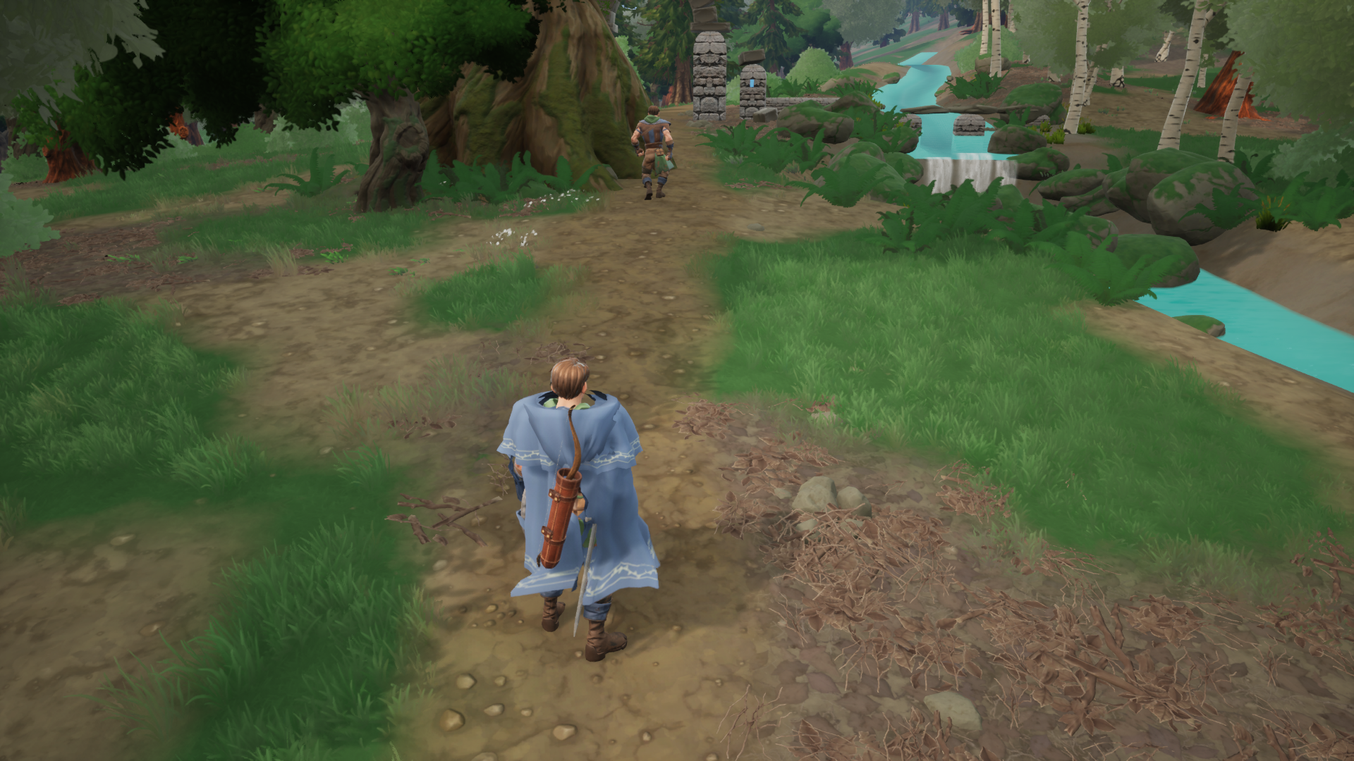 Two travellers walking a forest path toward old stone ruins