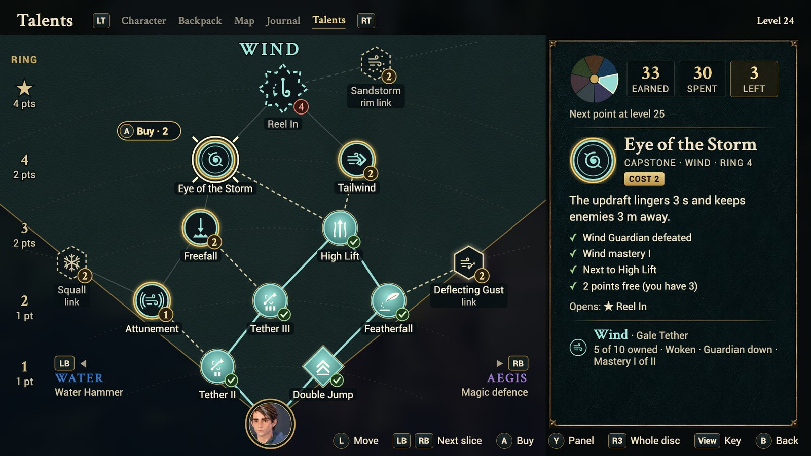 A mockup of the in-game talent screen, showing the Wind slice unrolled into an upright tree with the hero at the bottom