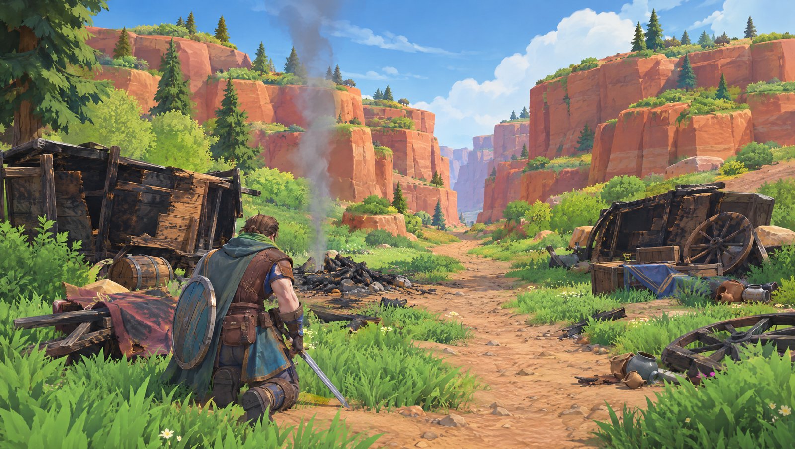 The hero kneeling by the burned wagons of the ambushed caravan, in a canyon of orange cliffs