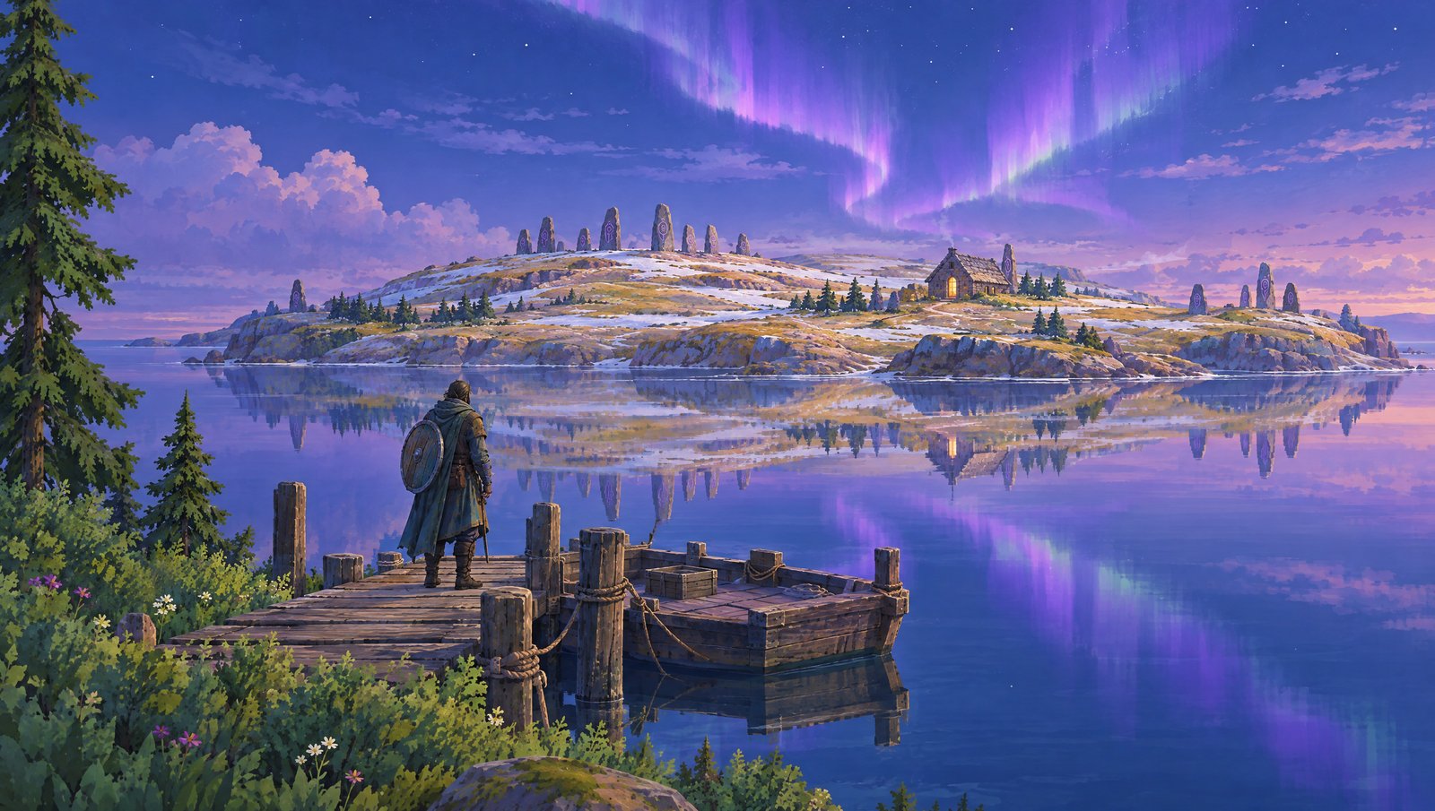 A hermitage and rings of ward-stones on a tundra island under a violet aurora, seen from a ferry jetty