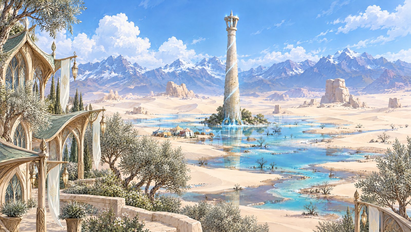 The pale desert seen from the elven desert-edge village, with the Water spire and its flood spreading over the dunes
